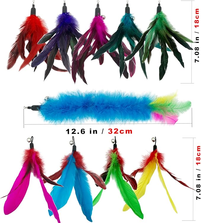 Cat Feather Toys Refills, 10 Pieces Interaction Cat Wand Replacement Feathers Toy for Indoor Cats-PawvioPets