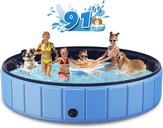 Foldable Dog Swimming Pool, Totiro 91"x16" Oversize Collapsable Hard Plastic Portable Bathing Tub for Pet Dog Kiddie Pool Indoor and Outdoor Leakproof PVC Play Pool for Large Dogs Pets Puppy Kids Blue-PawvioPets