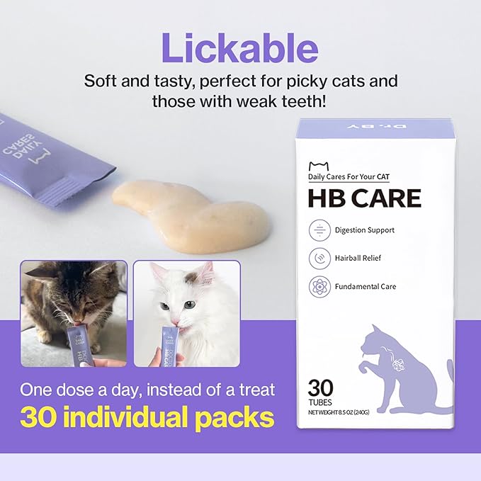 Dr.by HB Care Hairball Supplement for Cats– Hairball Relief Furball Control Remedy & Digestive Support Supplements with Omega-3, Chitosan-30 Individuallly Packaged (1 Pack, 30 Count)-PawvioPets