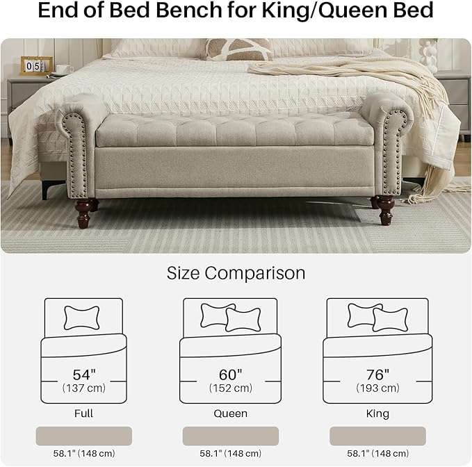 58.1'' Storage Bench Upholstered Linen End of Bedroom Bed Bench Ottoman with Tufted Cushioned Rolled Arm Large Storage Space for Reading Living Room Entryway, Light Brown-PawvioPets