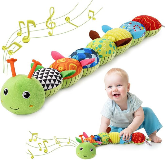Baby Toys 0 to 12 Months, Musical Stuffed Animal Activity Soft Toys with Multi-Sensory Crinkle, Rattle and Textures, Infant Tummy Time Toys for Newborn Boys Girls, Caterpillar, Green-PawvioPets