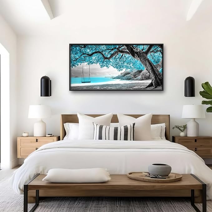 Extra Large Framed Abstract Tree Wall Art,Black and White Tree of Life Wall Decor,Blue Teal Sea Pictures for Living Room,Canvas Print Painting Modern Artwork Bedroom Office Bathroom 60L x 30W-PawvioPets