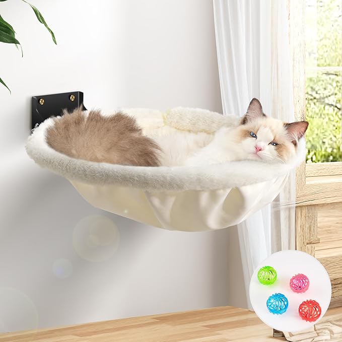 Cat Hammock Wall Mounted, Foldable & Stable Cat Beds- Breathable Cats Wall Shelves for Sleeping, Playing, Climbing, and Lounging - Maximum Hold Up to 30lb（Cream,Faux Rabbit Fur）-PawvioPets