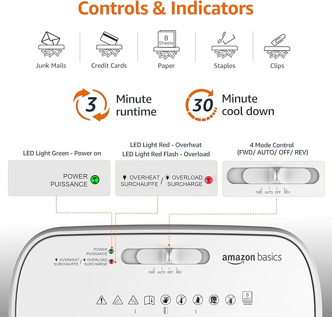 Amazon Basics Cross Cut Paper and Credit Card Shredder for Security - 8-Sheet, Heavy Duty, White-PawvioPets