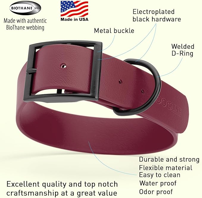 Dogline Biothane Waterproof Dog Collar Strong Coated Nylon Webbing with Black Hardware Odor- Proof for Easy Care Easy to Clean High Performance Fits Small Medium or Large Dogs, Merlot Burgundy-PawvioPets