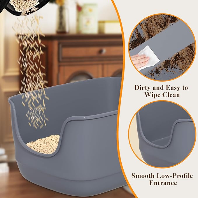 Gefryco Large Cat Litter Box with High Sided 24.6"x18.3"x12.2" - Jumbo Extra Large Open Anti - Splashing High Wall for Multiple Cats (Grey)-PawvioPets