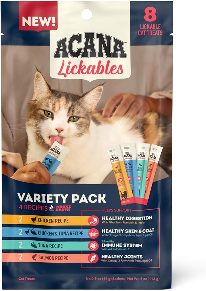 ACANA Lickables Cat Treats Variety Pack: .5oz Tubes (8 Count, 2 of Each)-PawvioPets