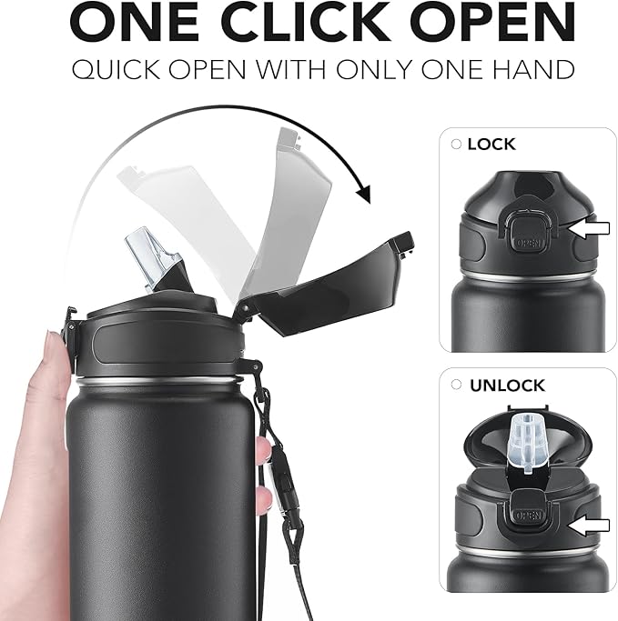 Enerbone 32 oz Insulated Water Bottle, Stainless Steel Bottle with Carrying Strap, Double-Wall Vacuum Insulation Design, Leakproof Sports Bottle with Straw, Keep Drinks Cold or Hot for Hours-PawvioPets