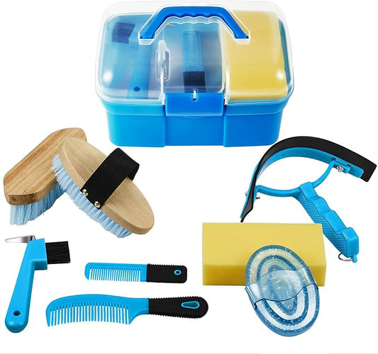 Cunhill 9 Pieces Horse Grooming Kit Tack Room Supplies Set with Organizer Tote Box, Oval Massage Curry, Hard and Soft Brush, Hoof Pick, Sweat Scraper, Bathing Sponge, Combs for Horse Riders Beginners-PawvioPets
