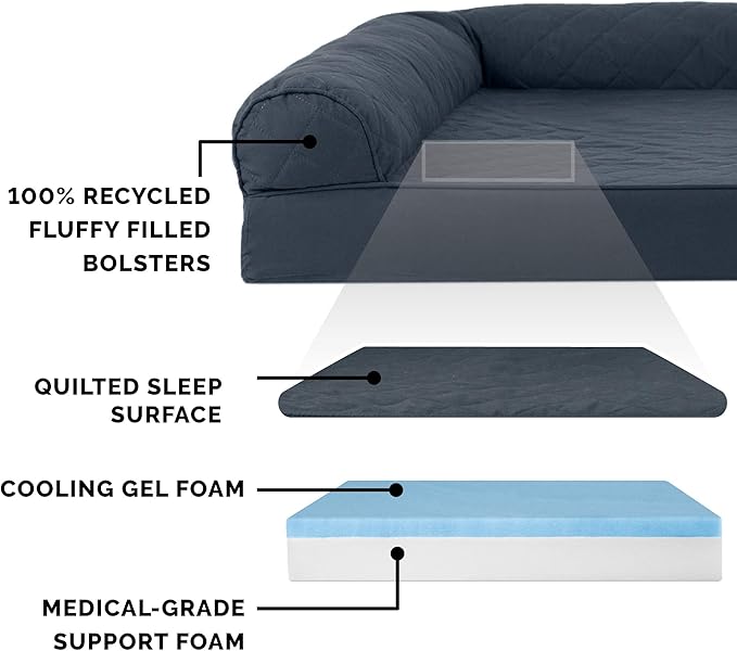 Furhaven Cooling Gel Dog Bed for Large/Medium Dogs w/ Removable Bolsters & Washable Cover, For Dogs Up to 55 lbs - Quilted Sofa - Iron Gray, Large-PawvioPets