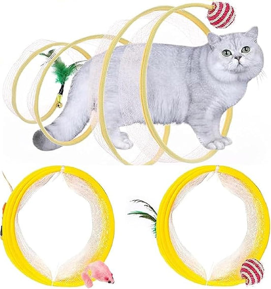 2Pcs Folded Cat Tunnel Toy for Indoor Cats,Collapsible Pet Spring Cat Toys with Feather Mouse Upgrade Interactive Toy Playing Tent for Puppy Kitten Accessories Home Self-Happy Cat Toys (Yellow)-PawvioPets