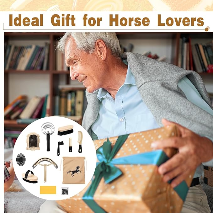 Abbylike 12 Pieces Horse Grooming Kit Racing Festival Tack Room Supplies Horse Brush Sets Equine Care Cleaning Kit Shedding Grooming Massaging Tools(Black)-PawvioPets