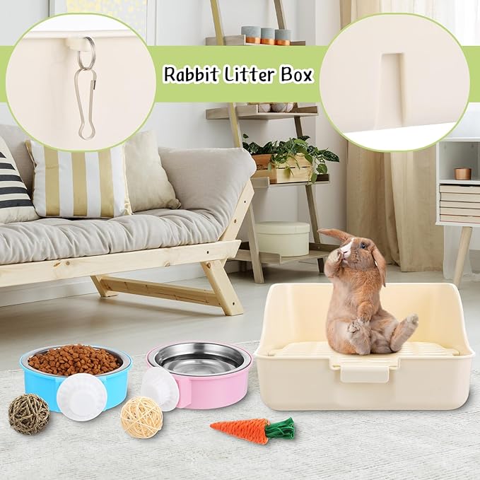 15 Pcs Rabbit Starter Kit Small Rabbit Litter Box Animal Grooming Kit Bunny Toys Bowl Blankets with Cleaning Set for Guinea Pig Accessories(Multicolor)-PawvioPets