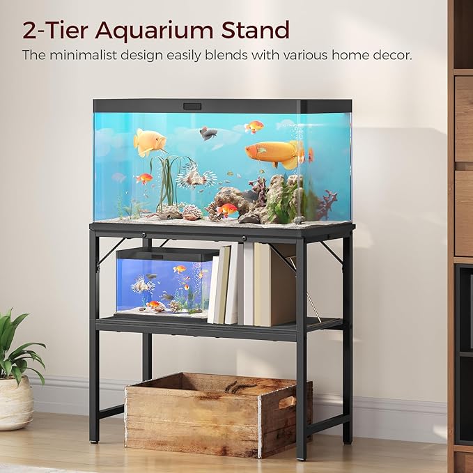 30 Gallon Fish Tank Stand, Aquarium Stand with 2-Tier Storage Shelves, Heavy Duty Breeder Turtle Terrarium Stand Rack for Home Office, 30.0" L x 11.8" W x 24.4" H, Black FTBK3001-PawvioPets