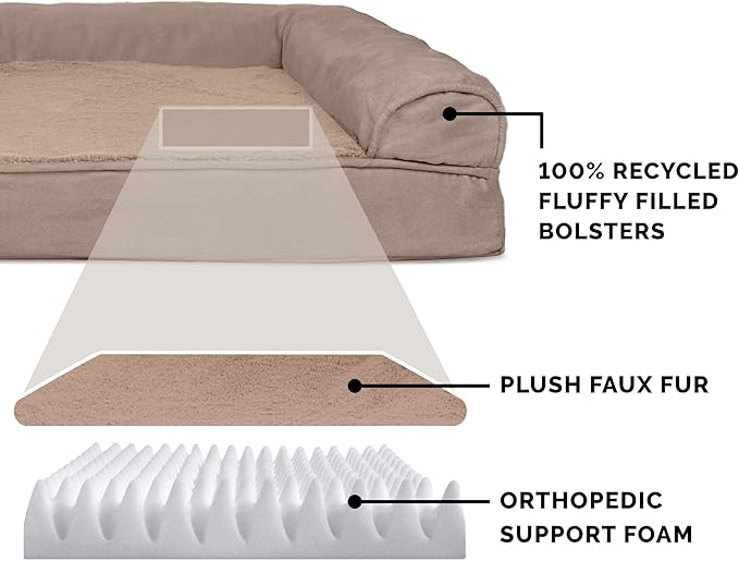 Furhaven Orthopedic Dog Bed for Large/Medium Dogs w/ Removable Bolsters & Washable Cover, For Dogs Up to 55 lbs - Plush & Suede Sofa - Almondine, Large-PawvioPets