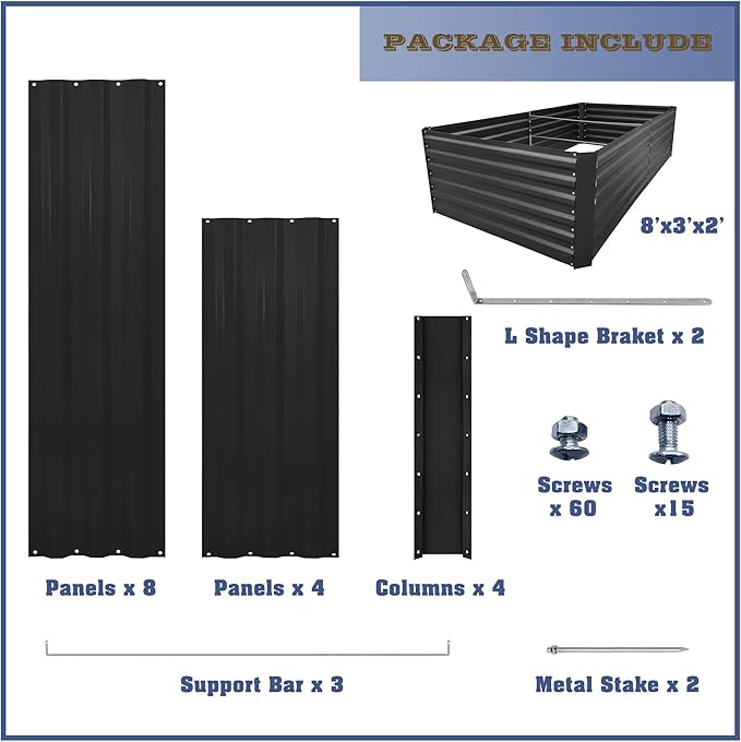 8x3x2FT Metal Raised Garden Bed Kit, Galvanized Outdoor Garden Bed Planter Box for Vegetables, Flowers, Herbs, Succulents and More, Black-PawvioPets