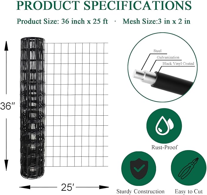 Black PVC Coated Welded Wire Fence 36 Inch x 25 Foot, 2 Inch x 3 Inch 16GA, Garden Border Fencing Roll Vinyl Coating Metal Wire Mesh for Yard Vegetable Plant Protection Poultry Netting-PawvioPets