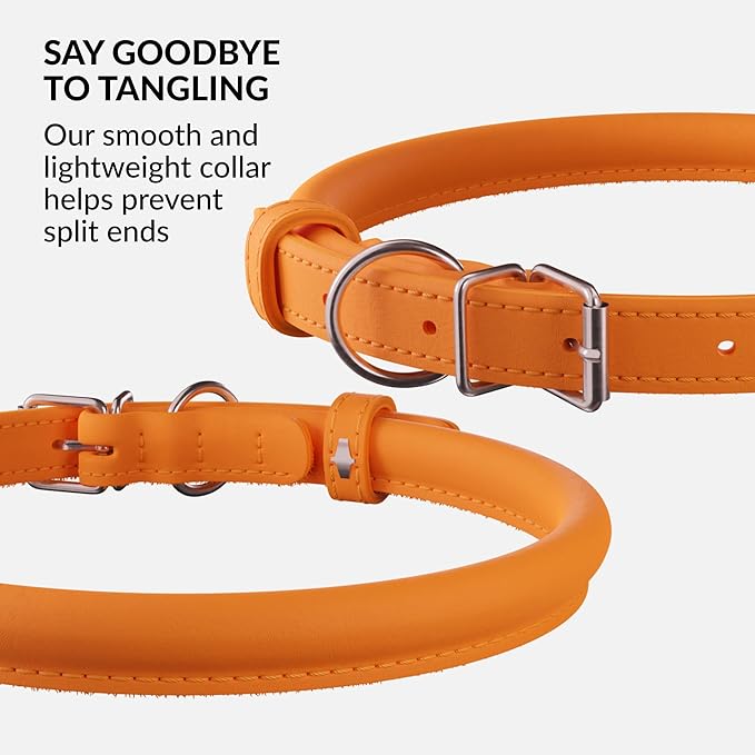 CollarDirect Rolled Leather Dog Collar, Soft Padded Round Puppy Collar, Handmade Genuine Leather Collar Dog Small Large Cat Collars 13 Colors (6-7 Inch, Orange Smooth)-PawvioPets