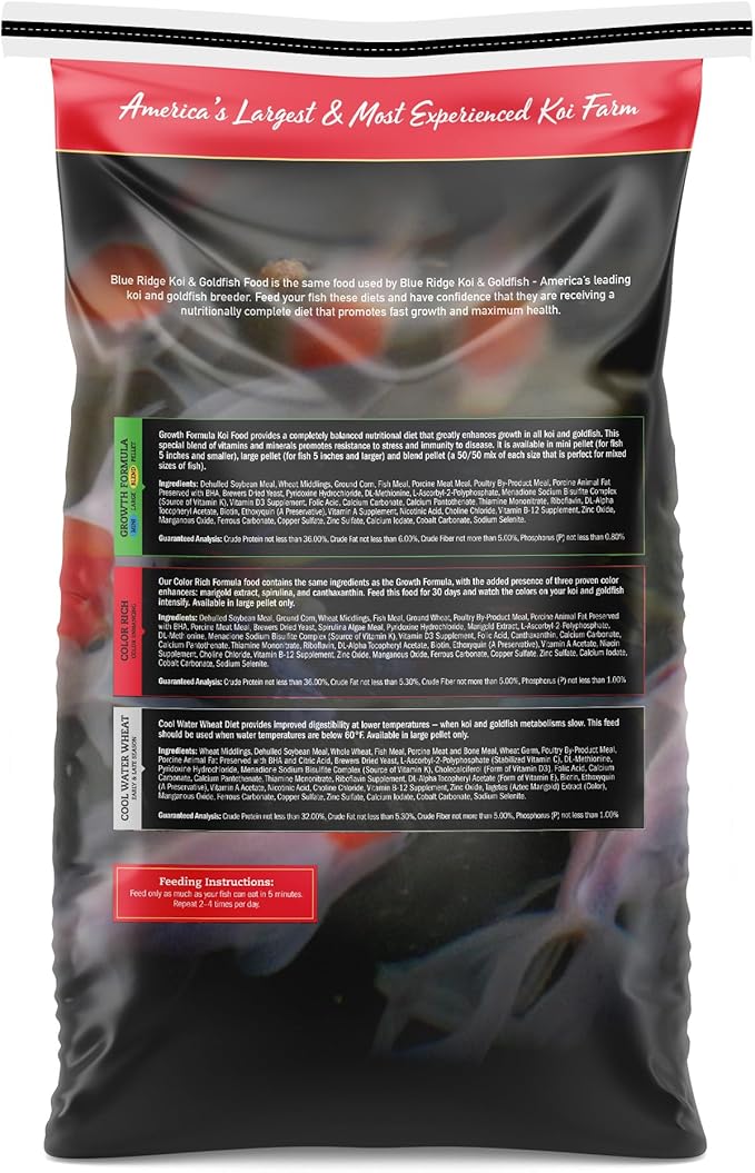 Blue Ridge Koi Fish Food 25lb - Koi Food Large 3/16" Growth Formula, Goldfish Food, Premium Fish Food for Ponds, Ponds Fish Food, Floating Pond Pellets-PawvioPets