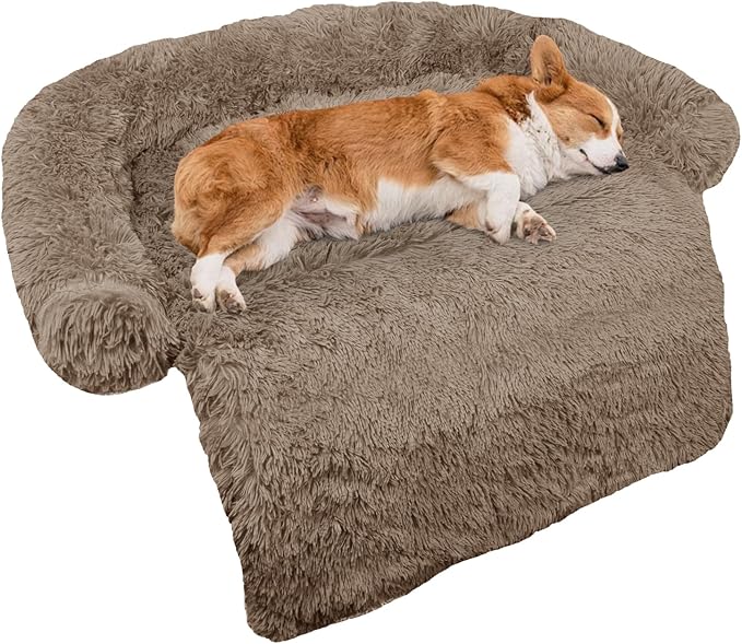 Calming Dog Bed Fluffy Plush Dog Mat for Furniture Protector with Removable Washable Cover for Large Medium Small Dogs and Cats (Medium(41x37x6), Camel)-PawvioPets