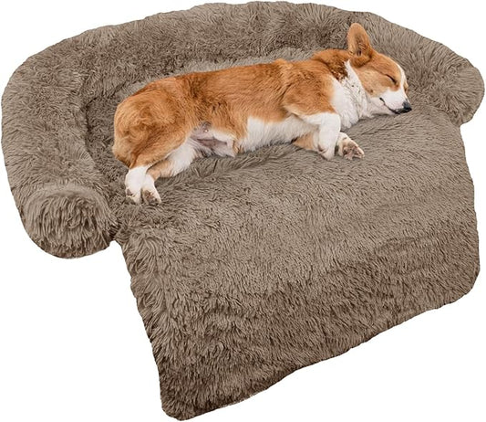 Calming Dog Bed Fluffy Plush Dog Mat for Furniture Protector with Removable Washable Cover for Large Medium Small Dogs and Cats (Medium(41x37x6), Camel)-PawvioPets