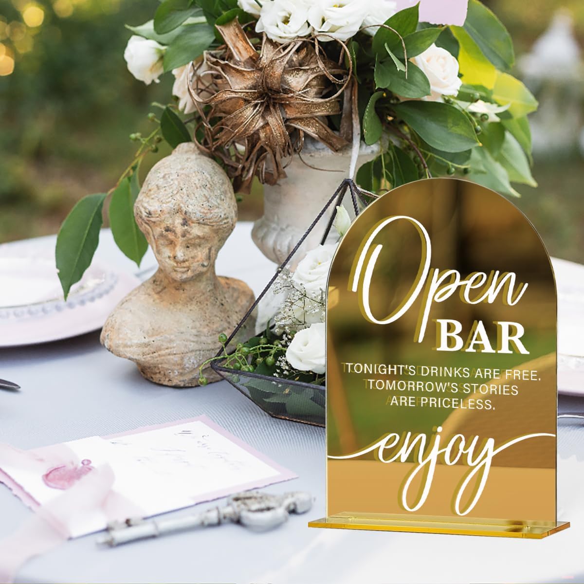 Acrylic Wedding Sign, Bridal Shower Decorations, Open Bar Sign for Ceremony, Modern Font Table Signs, Gold Mirror Arched Acrylic Tabletop Signs for Wedding Reception and Event Party