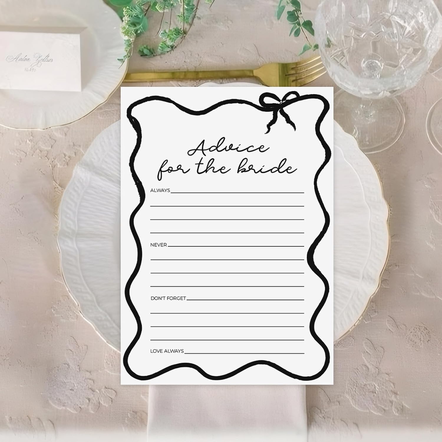DEEKA 30 PCS Bridal Shower Games Card for 30 Guests Black Wavy Border Ribbon Bow Funny Wedding Bachelorette Party Games for Reception (Advice for The Bride)