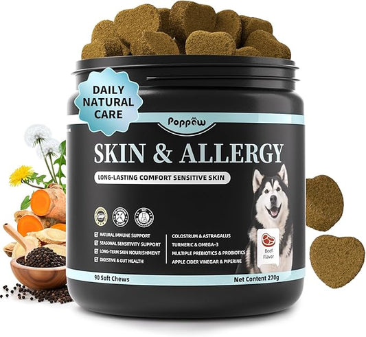 Dog Skin & Allergy Chews - Dog Probiotics for Sensitive Skin Health Support - Allergy Relief - Support Seasonal Allergies, Immune & Gut & Digestive Health Supplement - Beef Flavor - 90 Count-PawvioPets
