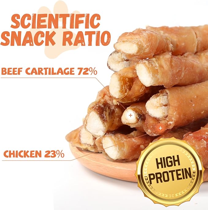 Dog Treats Chicken Wrapped Beef Cartilage w/Calcium Supplement, Long-Lasting Rawhide Free Grain Free Training Treats Snacks for Small Medium Large Dogs, 12 Counts, 10.6oz-PawvioPets