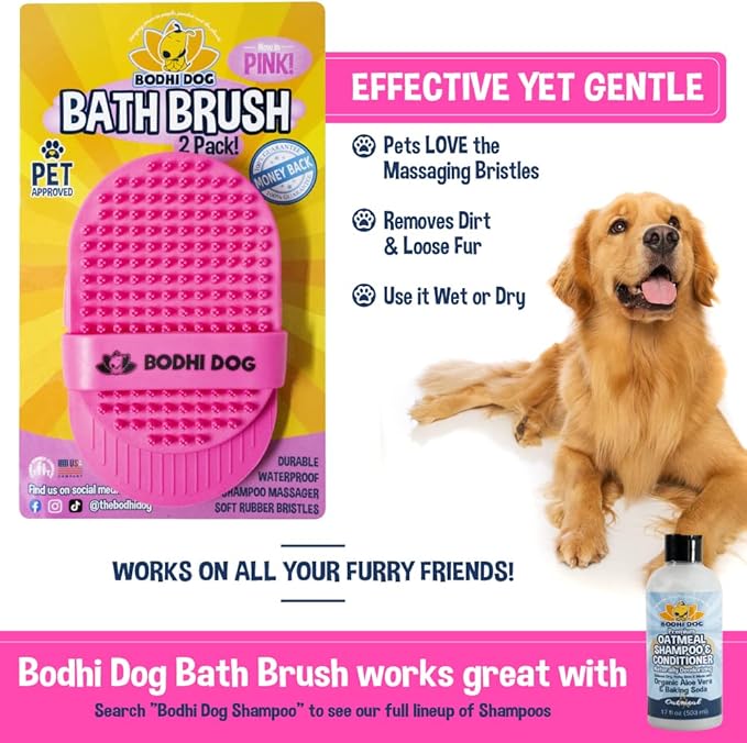 Bodhi Dog Shampoo Brush - Pet Grooming & Bath Supplies for Dogs and Cats - Bath Brush for Long & Short Hair - Premium Scrubber for Shower, Bathing & Massage (Two Pack, Pink)-PawvioPets
