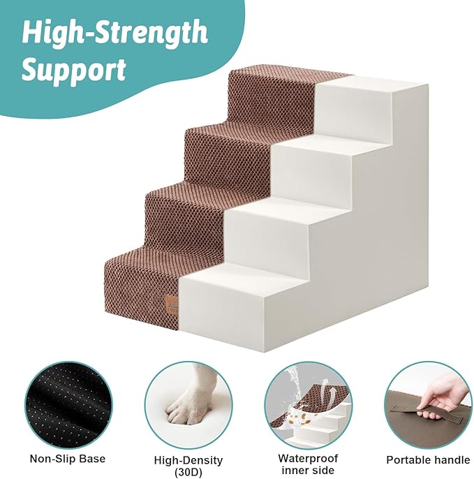Dog Stairs for Small Dogs, 4 Tier Wider Pet Stairs for Couch and Beds, 17.7" H Non-Slip Dog Steps for Old Cats, Puppy, Small Medium Dogs, 17.7x23.6x17.7 inch, Brown-PawvioPets
