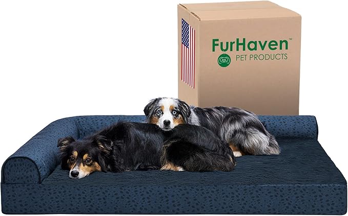 Furhaven Cooling Gel Dog Bed for Large Dogs w/ Removable Bolsters & Washable Cover, For Dogs Up to 125 lbs - Plush & Almond Print L Shaped Chaise - Blue Almonds, Jumbo Plus/XXL-PawvioPets