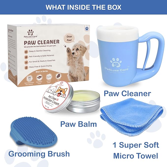 Dog Paw Cleaner for Small & Medium Dogs – Portable Paw Washer Cup with Soft Silicone Brush, Towel & Moisturizing Balm – Gently Cleans Muddy Paws After Walks (Blue, Medium)-PawvioPets