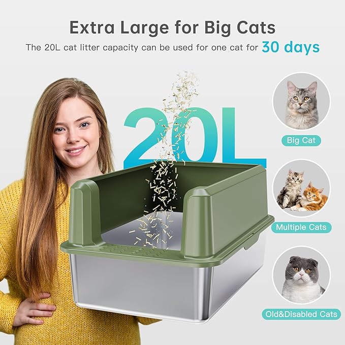 Enclosed Stainless Steel Cat Litter Box with Lid, XL Extra Large Litter Box for Big Cats, Metal Litter Pan High Sided, Never Absorbs Odors, Anti-Urine Leakage, Include Scoop (Green)-PawvioPets