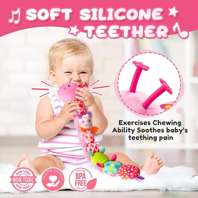 Baby Toys 0-6-12 Months,Infant Musical Stuffed Animals Activity Toys with Muti-Sensory Crinkle,Rattles,Baby Girl Toys Gifts for Newborn Tummy Time,Caterpillar,Pink-PawvioPets