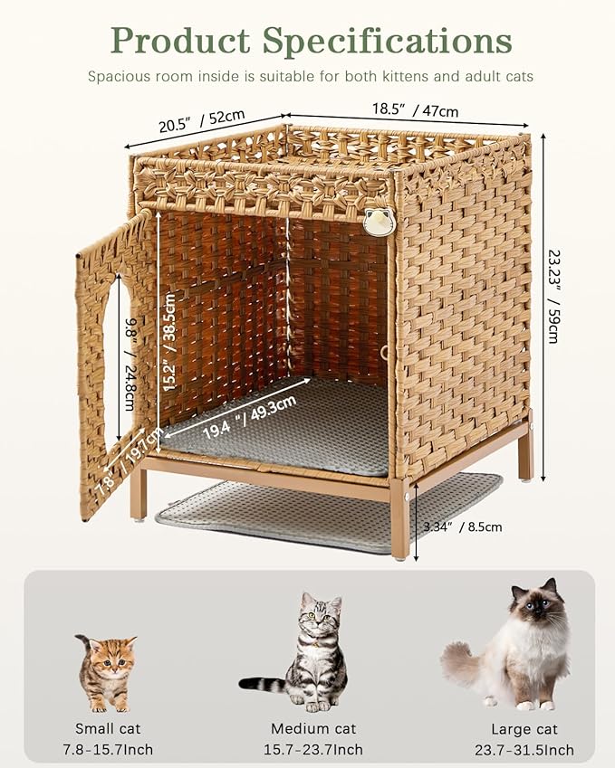 Cat Litter Box Enclosure Hidden Litter Box Furniture with Metal Heightened Feet, Rattan Handwoven Cat House with Litter Mat, Hidden Litter Box Furniture for Bedroom Living Room Natural-PawvioPets