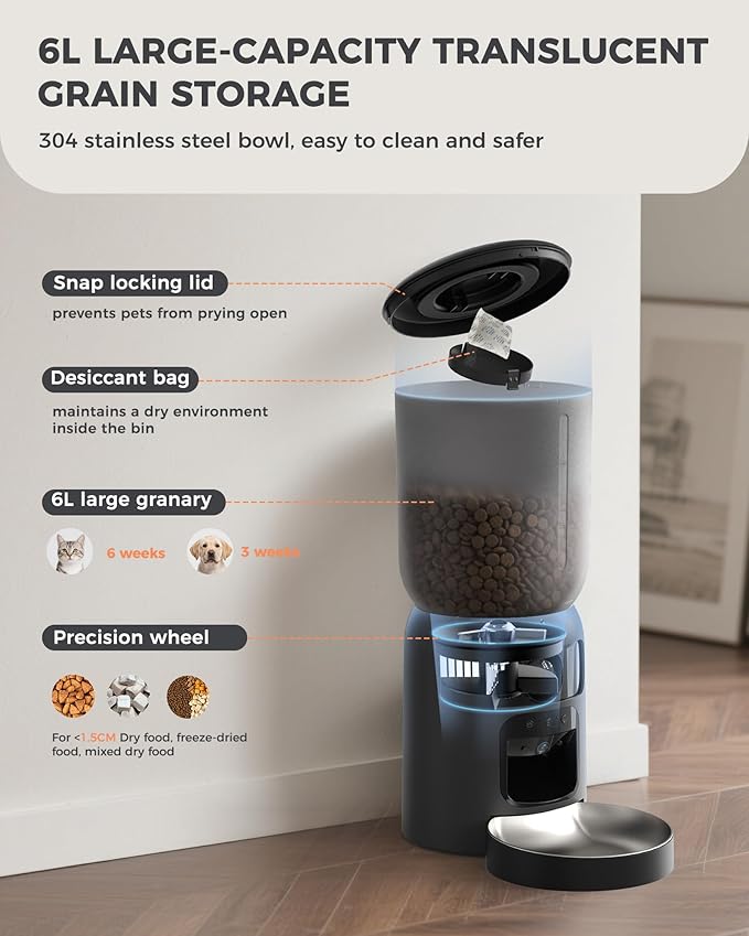 AI Cat Feeder with Dual Cameras (1 Adjustable), 2K HD Night Vision, 5G/2.4G WiFi, 6L Automatic Pet Feeder with APP Control, Laser Interactive Toy, Two-Way Audio & Scheduled Feeding-PawvioPets