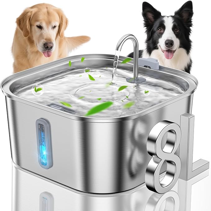 Dog Water Fountain for Large Dogs, 8L/2.1Gal Stainless Steel Pet Water Fountain with Water Level Window, Automatic Dog Water Bowl Dispenser for S-L Dogs and Multi-Pets-PawvioPets