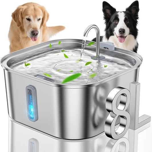Dog Water Fountain for Large Dogs, 8L/2.1Gal Stainless Steel Pet Water Fountain with Water Level Window, Automatic Dog Water Bowl Dispenser for S-L Dogs and Multi-Pets-PawvioPets