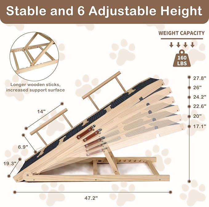 Dog Ramp for Bed Couch Extra Wide Folding Pet Ramps for Large Dogs to Get on Bed, Portable Doggie Steps 6 Adjustable Height 27.3”, 47.3" Long-PawvioPets