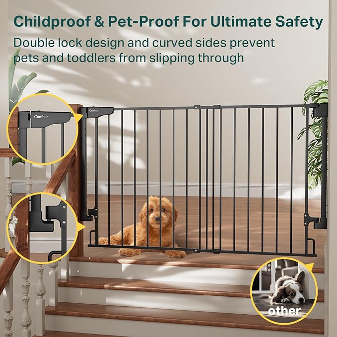 Cumbor 31.6-48" No Bottom Bar Baby Gate for Stairs, 2-in-1 Auto Close Dog Gate Indoor, Hardware Mounted Pet Gate for Doorways with Large Walk Thru Door, Child-Proof Safety Gate for Kids (Black)-PawvioPets