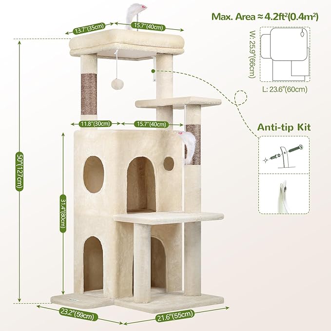 Globlazer Cat Tree Tower for Indoor Cats, 50-inch Adult Cat Tree House for Large Adult Cats with Steps, Scratching Post, 2 Cat Caves, Dangling Toys, FC50, Beige-PawvioPets
