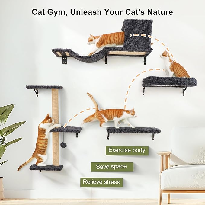FUKUMARU Cat Wall Shelves, Stable & Safe 4 in 1 Cat Furniture Set, Wooden Climbing Wall with Scratching Post for 16 Inch Drywall - Gray-PawvioPets