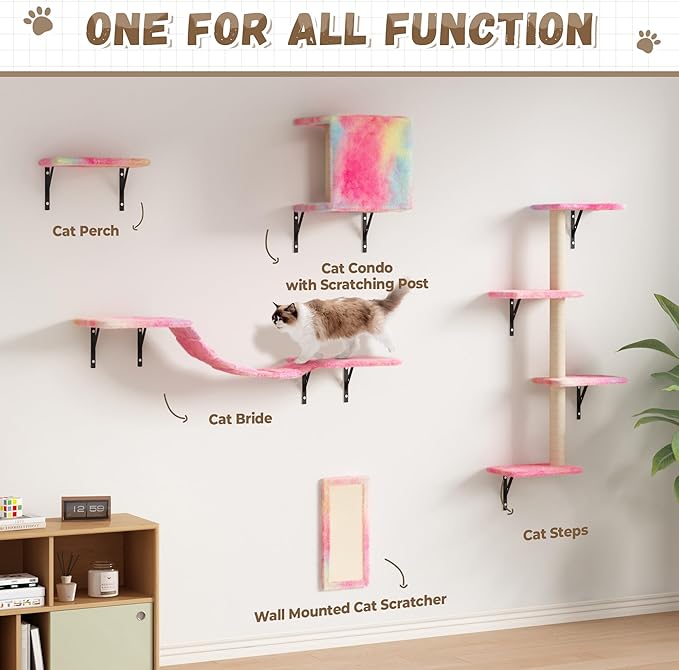 COZIWOW Wall Mounted Cat Furniture, Cat Wall Shelves and Perches, Floating Cat Shelves for Wall Set of 5 (Colorful)-PawvioPets