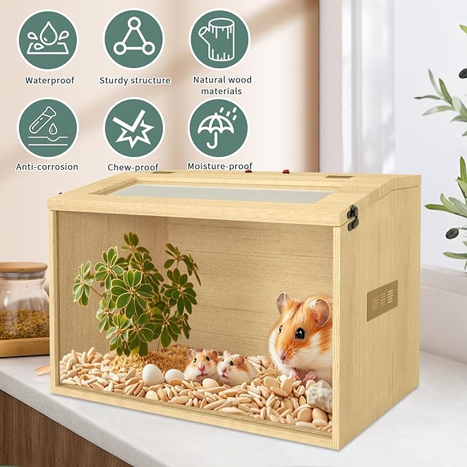 24" Hamster Cage, Top Opening Lockable Roof Door Gerbil Cage, Dwarf Hamster Cage with Hygrometer, Mice and Small Animal Habitat, Chewproof Syrian Hamster Enclosure, (Wooden, 24" L x 16" W x 16" H)-PawvioPets
