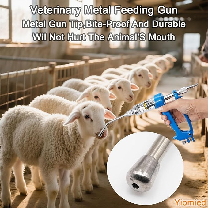50ML Veterinary Metal Feeding Gun, Continuous Drench Gun Dosing Device Veterinary Adjustable Medicine Dispenser Husbandry Autonomous Feeding Tool, for Pig Cow, Sheep, Horse (Blue, 50ML+Kettle)-PawvioPets