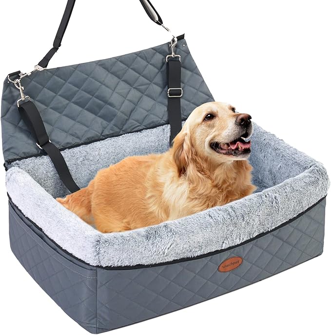 Dog Car Seat for Large/Medium Pet, Anti Slip Bottom Dogs Booster Seat for All Seasons,Pet Travel Bed with Thick Dog Sofa Cushion, Storage Pockets 2 Safety Leashes-PawvioPets