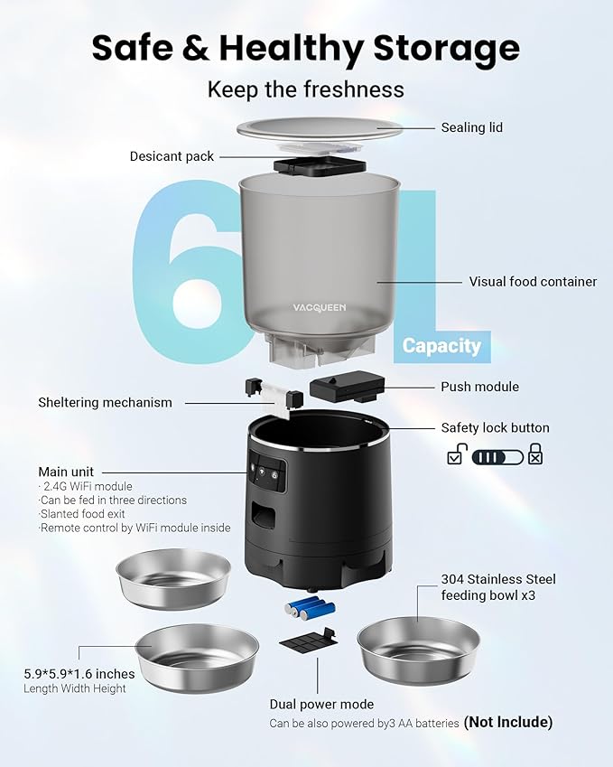 Automatic Cat Feeder for 3 Cats, 6L/25 Cups Smart WiFi Pet Feeder, Strong Anti-Jam System, Dual-Effect Desiccant Cat Food Dispenser, with 10S Voice Recorder for Cats and Small Dog(Black)-PawvioPets