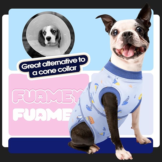 FUAMEY Recovery Suit for Dogs After Surgery,Soft Breathable Dog Bodysuit E-Collar & Cone Alternative Surgical Suit,Male Female Dog Neuter Spay Suits Anti Licking Wounds Onesie Blue Boat XS-PawvioPets