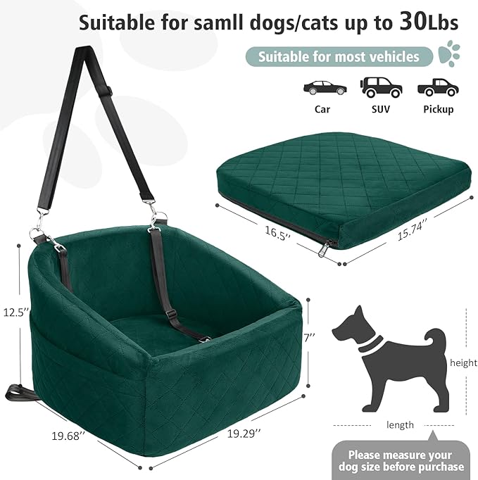 Dog Car Seat for Small Medium Dogs,Detachable Washable Dog Booster Seat Under 30lbs, Pet Car Seats Travel Bed with Storage Pockets and Safety Belt(Green)-PawvioPets
